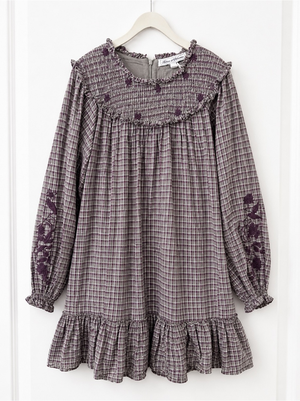 Tartine et Chocolat Girls Plaid Long-Sleeve Dress in Mauve and Purple